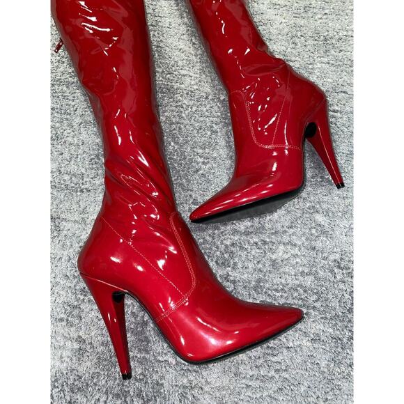 Saint Laurent YSL Aylah 110 Lava Red Patent Thigh High OTK Knee Runway Boot 42 - Picture 7 of 12